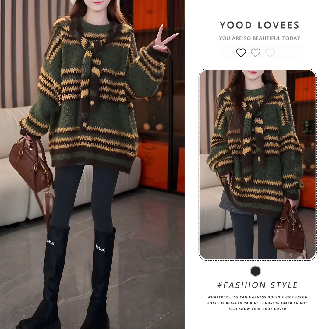 韩系撞色条纹圆领套头毛衣女秋冬新款设计感宽松显瘦针织衫上衣潮