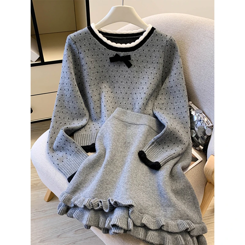法式小香风波点蝴蝶结毛衣女秋冬长袖针织打底衫高腰半身裙两件套