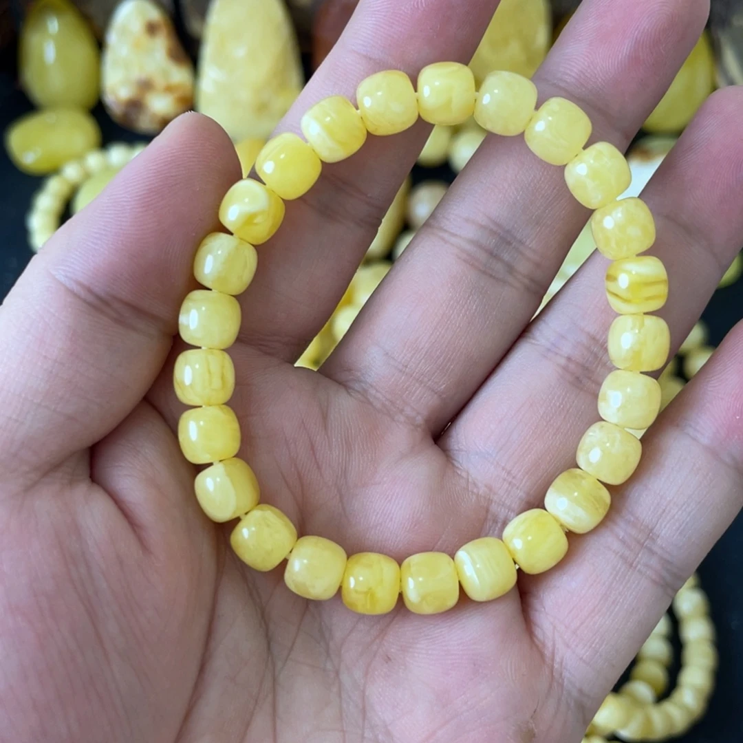 琥珀未镶嵌手串8mm俄料高桩黄白妖花精工老型手串