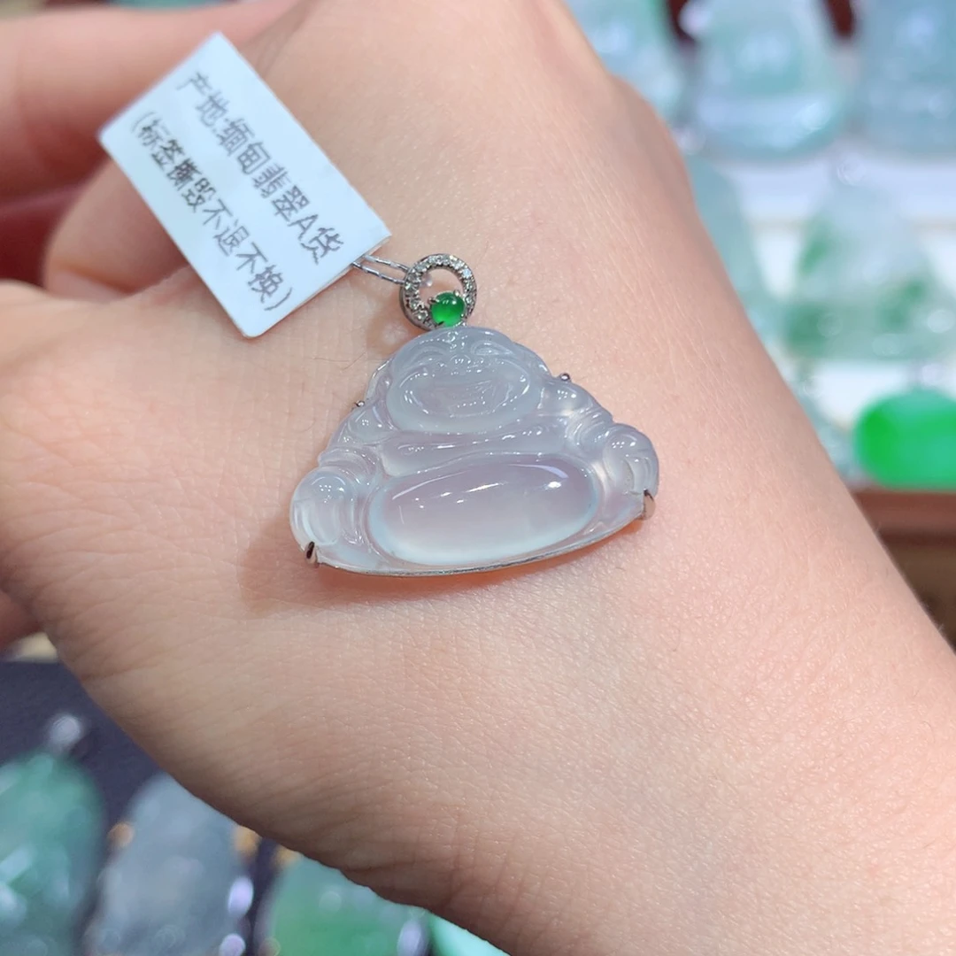 吊坠(不含链)18K金镶嵌翡翠天然缅甸A货翡翠揭阳工佛公
