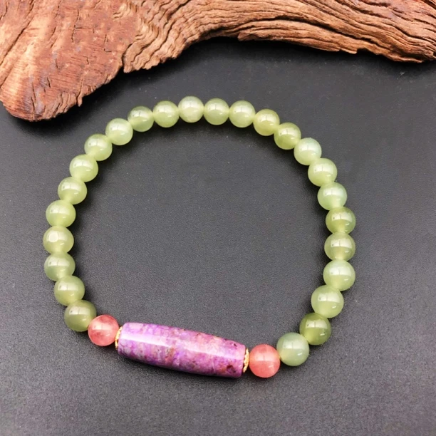 【圣芭黎】18K天然和田玉手串圆珠桶珠桃红5+/7多样性发一DD2133