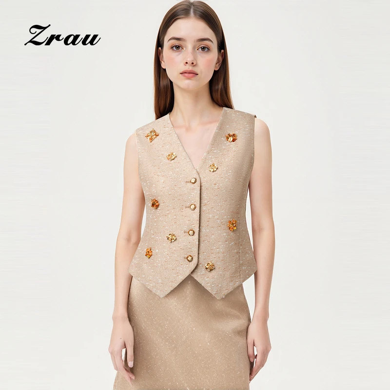 【臻选】ZRAU春季新款高级感气质V领收腰钉珠马甲外套Z1251W0014