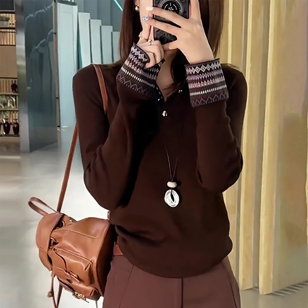 秋季女撞色V领长袖针织衫高级感宽松大码显瘦减龄洋气内搭上衣