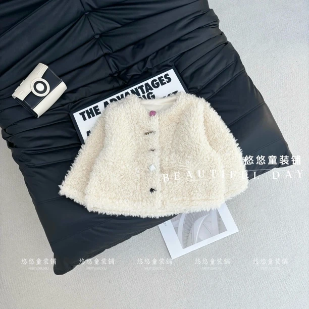 【现货】冬季女童加厚毛毛外套外套淑女风外套纯色冬季韩版冬季