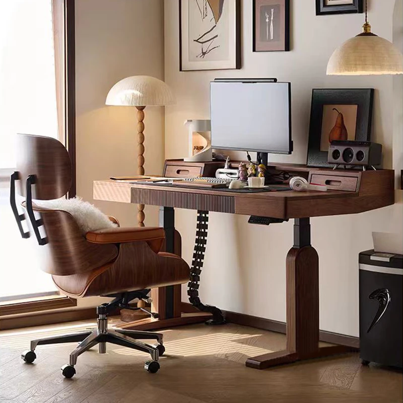 北美黑胡桃木升降桌家用办公桌智能电动升降电脑桌实木书桌写字桌