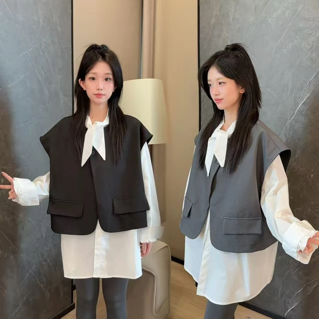 二姐的宝藏早秋上新时尚简约高级设计感假两件衬衫上衣套装#25285