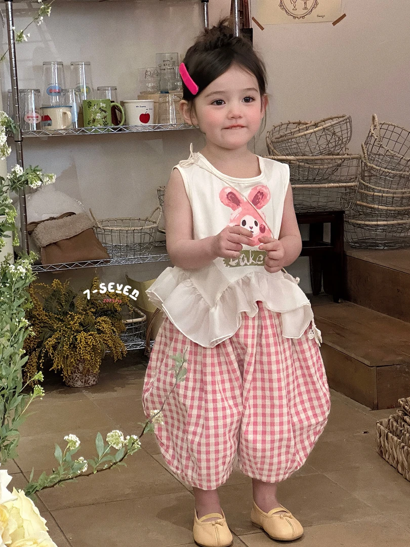 7-Seven女童夏季新款拼纱背心粉色灯笼裤格子套装现货