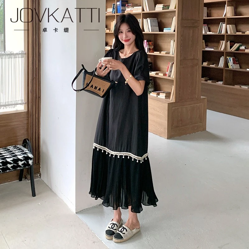 Jovkatti黑色法式休闲风拼色下摆连衣裙女2025夏季新款宽松显瘦
