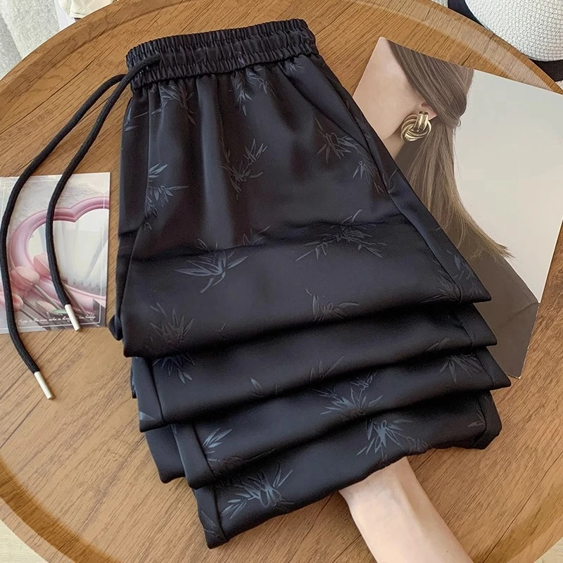 300斤大码新中式国风提花阔腿裤女夏季薄款高腰宽松休闲凉凉裤子