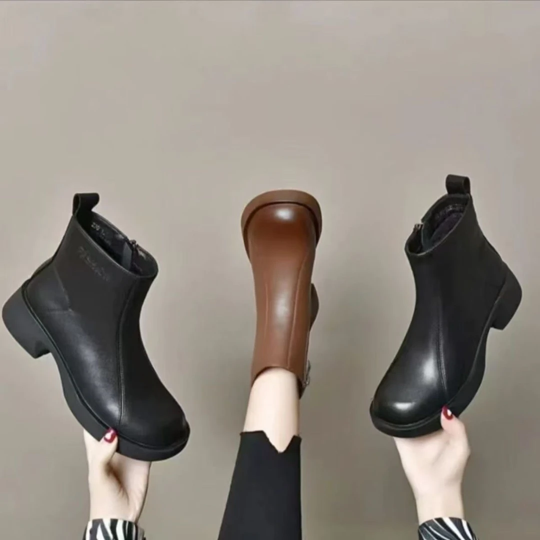 秋冬复古百搭圆头加绒切尔西女靴时尚舒适