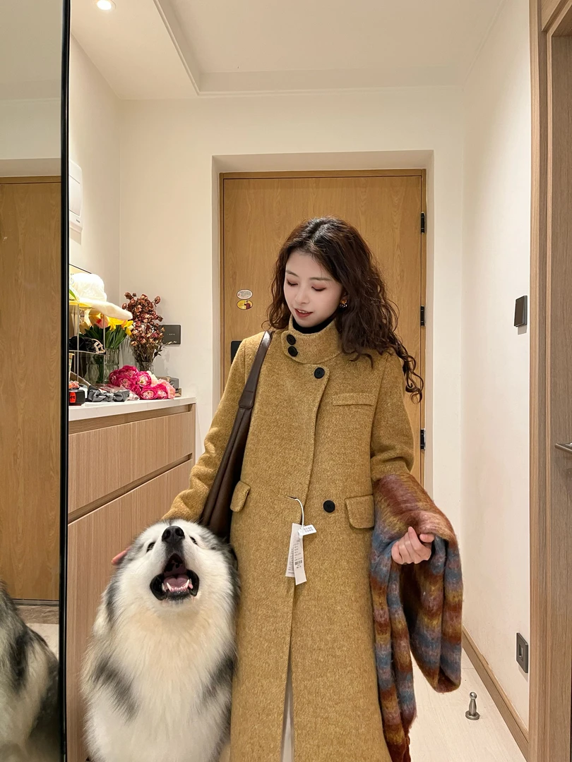 小个子定制【骆驼绒&桑蚕丝】秋冬新款羊毛大衣女士长款高领外套