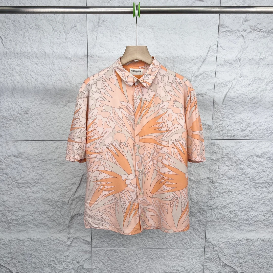 99新 YSL/圣罗兰 37码/橘色度假风热带植物印花衬衫/15975667