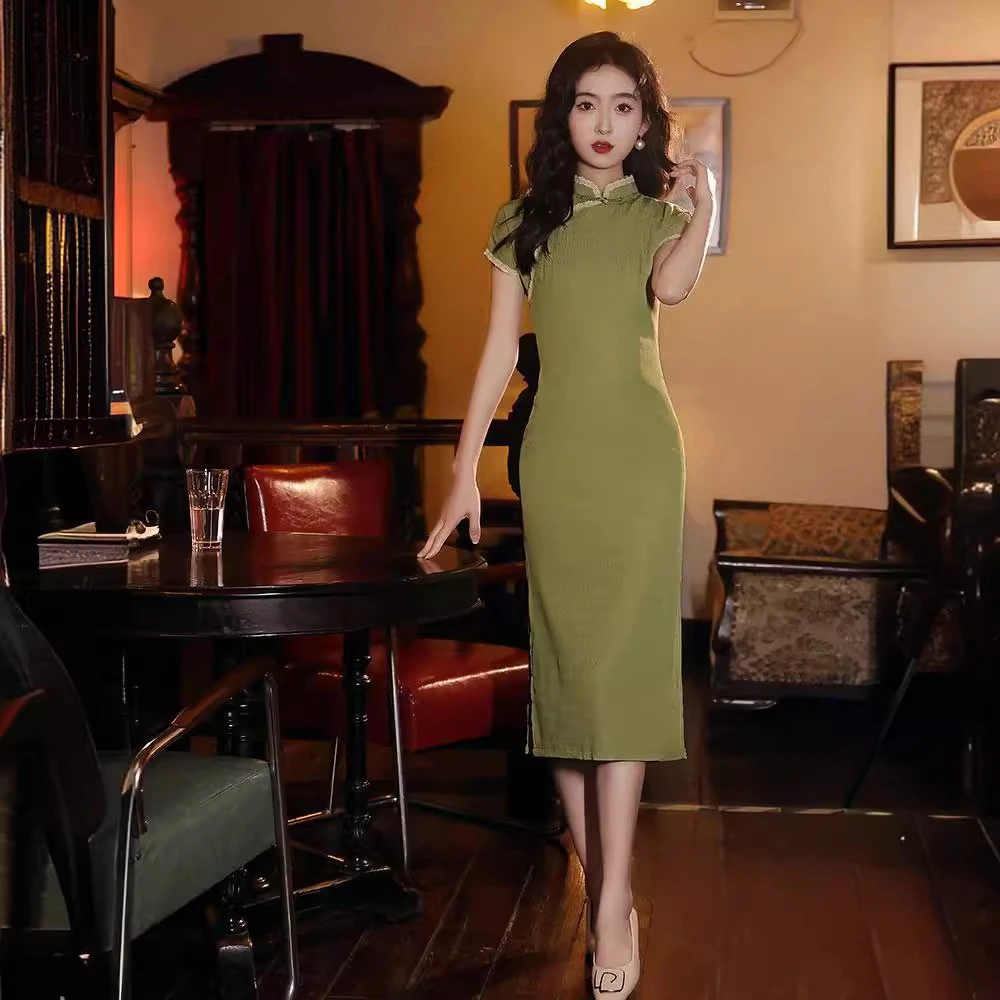 绿色旗袍年轻款少女夏季2025新款连衣裙日常可穿气质优雅新中式女