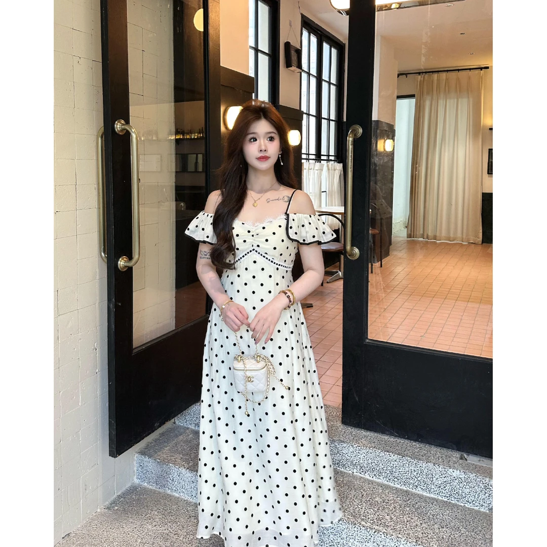 QC李潇洒【巴黎戏票】微胖夏季法式黑白波点飞袖吊带气质收腰长裙