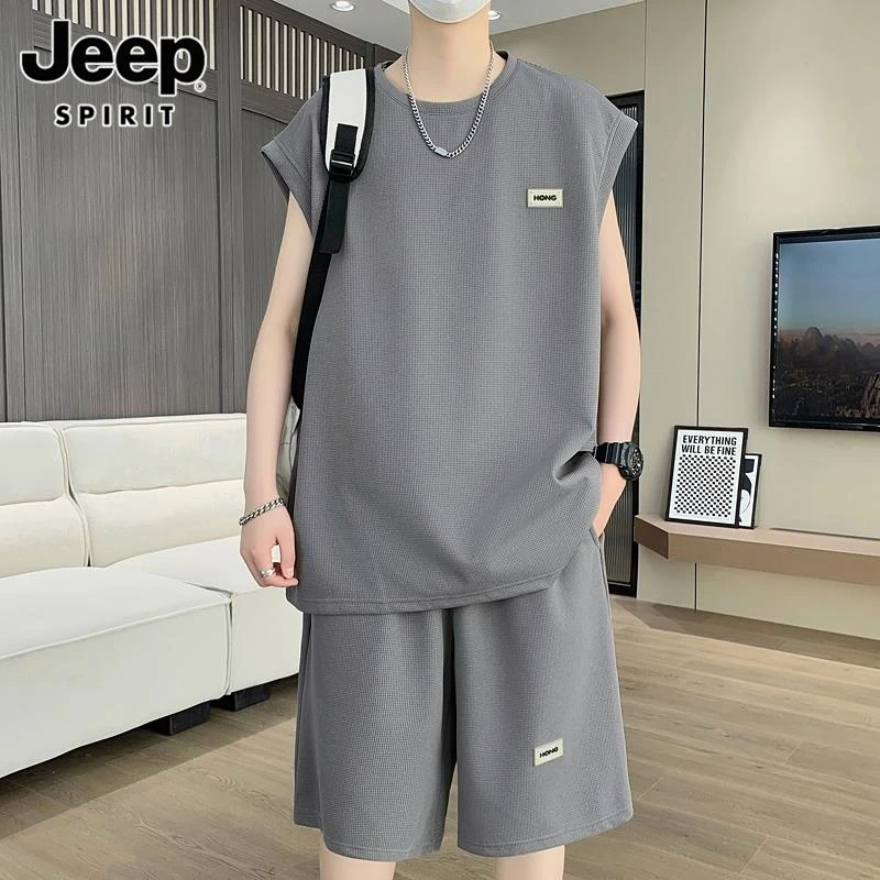 JEEPSPIRIT休闲运动套装男士夏季薄款宽松潮流速干时尚百搭短裤上