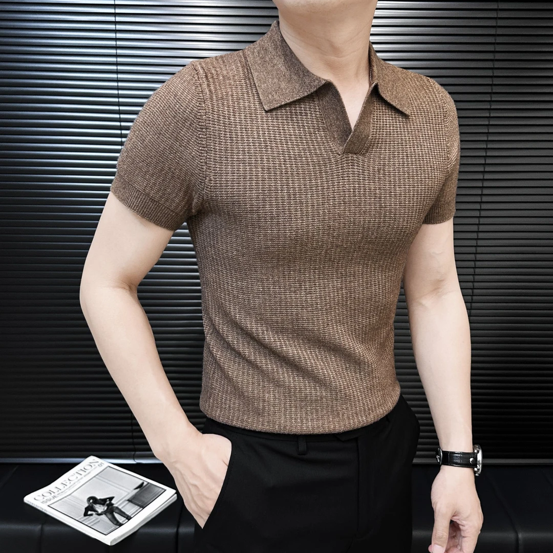 成熟V领polo衫男士短袖t恤夏季弹力修身针织半袖男款爆款2025新款