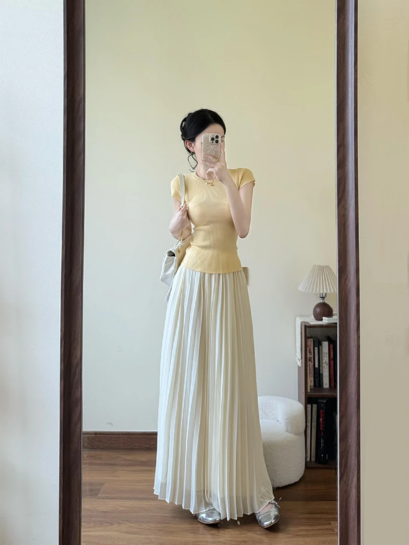 【法式雏菊】休闲风时尚套装黄色针织上衣女仙女风半裙装夏季气质