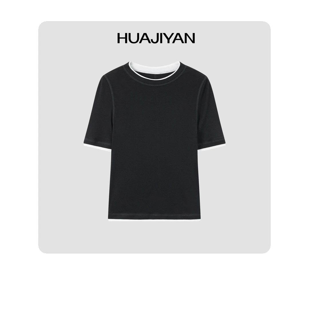 华吉言/HUAJIYAN【描边T】醋酸桑蚕丝天丝混纺黑白撞色显瘦圆领T恤