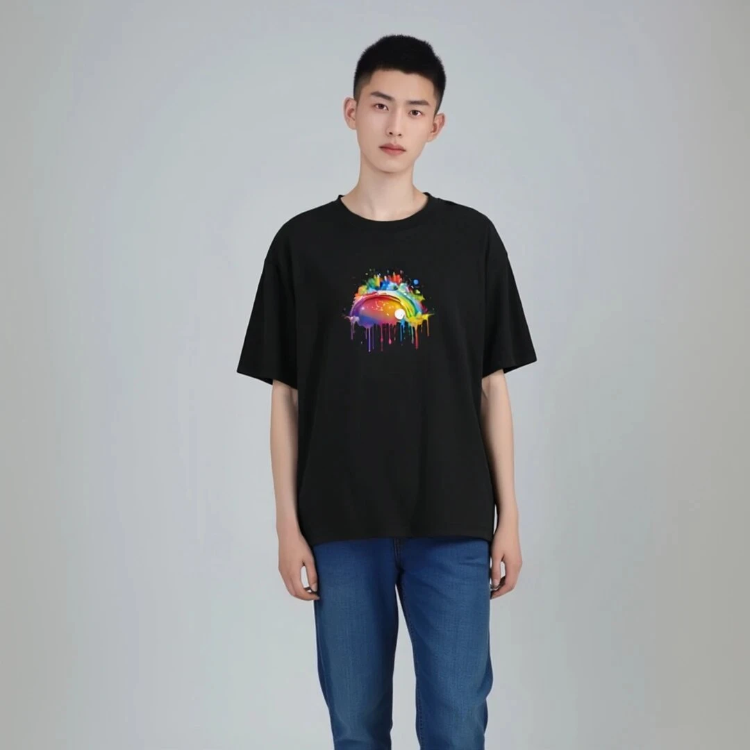 仓石一树夏季新款彩虹印花日系休闲男士宽松ins潮体恤圆领短袖T恤