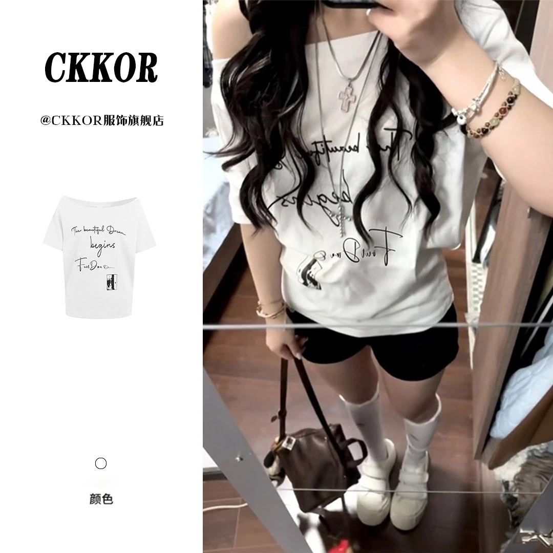 CKKOR春夏季新款斜肩短袖t恤女韩系穿搭宽松设计款纯欲风显瘦上衣
