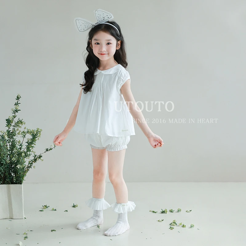 utouto大耳象女童娃娃领纯色小衫套装2025夏季新款儿童2403607
