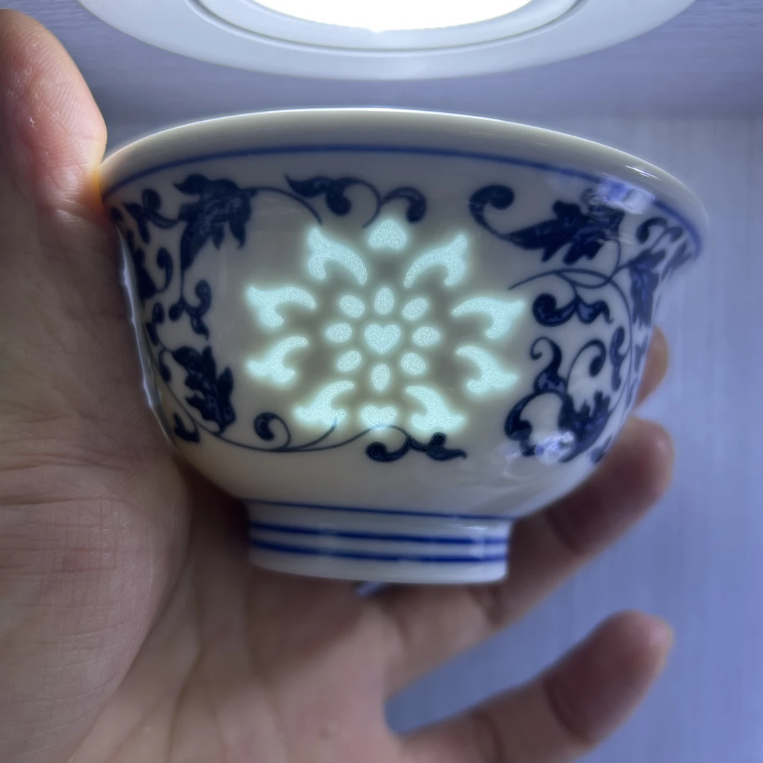 景德镇陶瓷青花玲珑缠枝莲压手杯100c