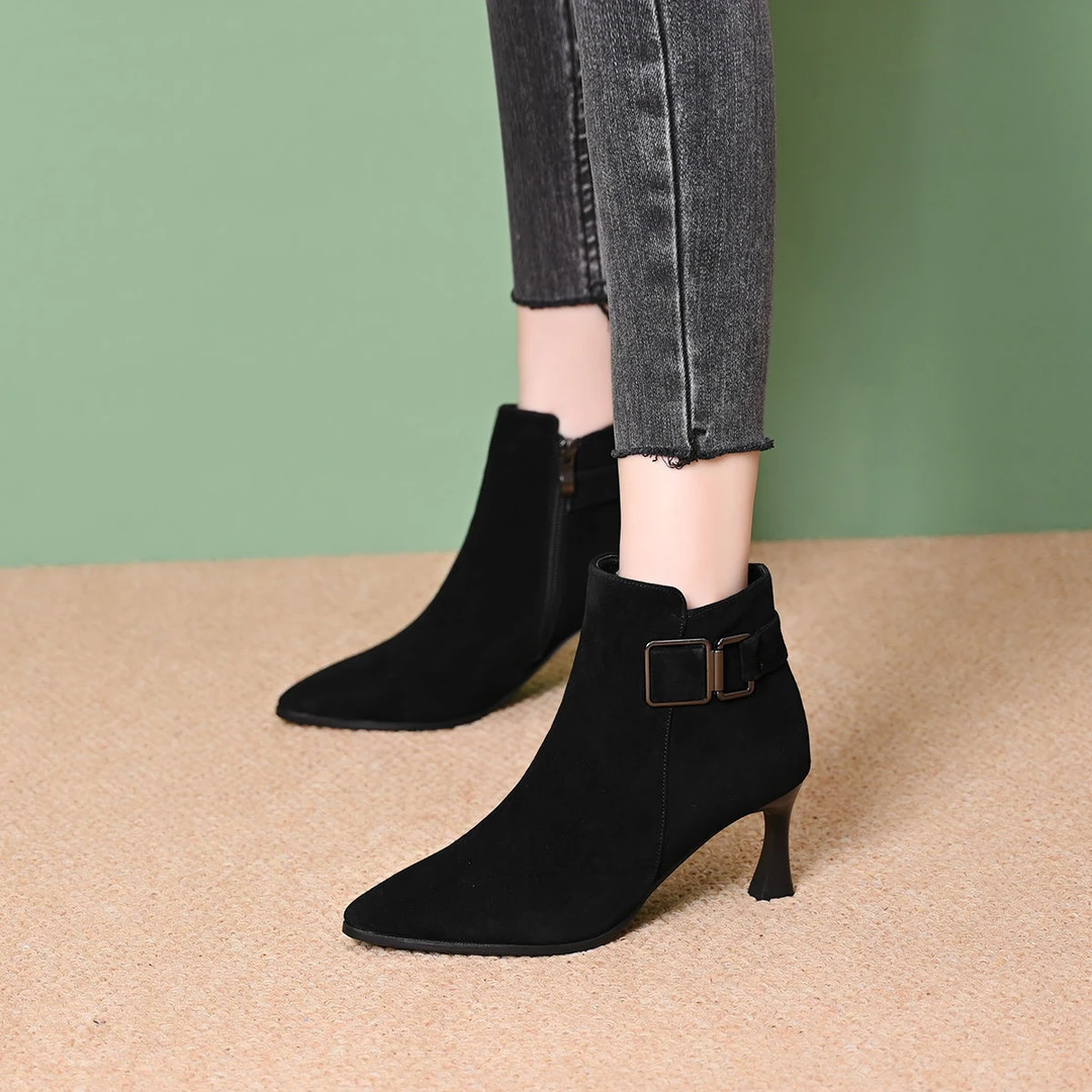 2025新款冬季磨砂皮高跟短靴女细跟加绒女鞋马丁靴女显脚小