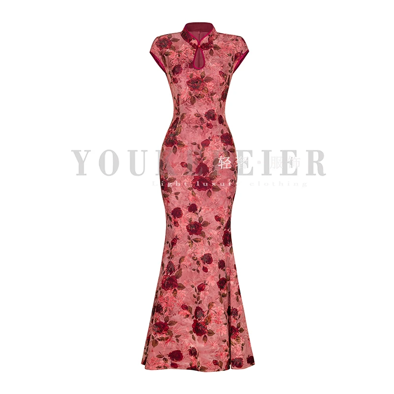 【闹姐专属】原创设计新中式高定网底植绒裙扎染气质修身复古旗袍