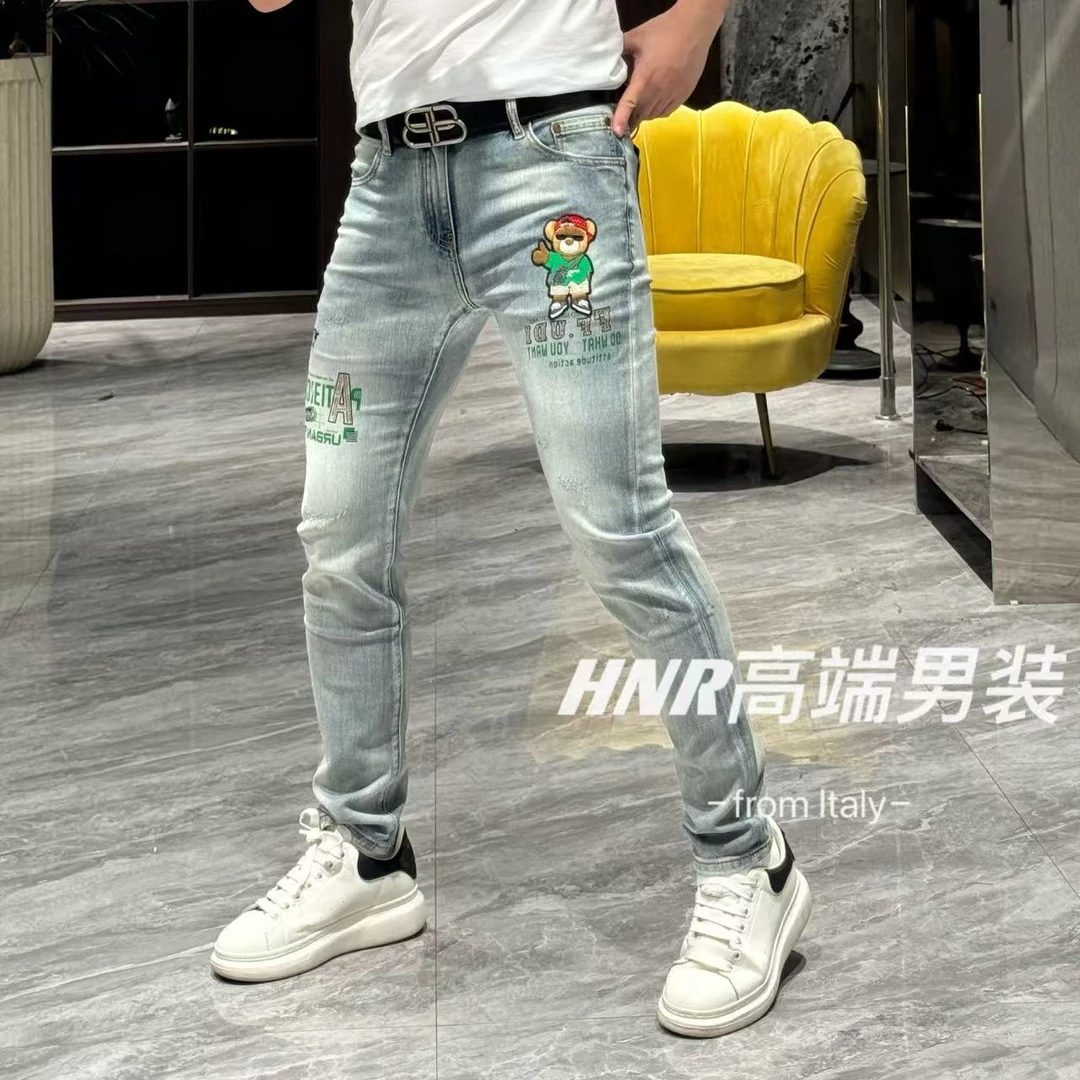 重工艺小熊刺绣水洗弹力修身小脚高端欧货男士牛仔裤8155