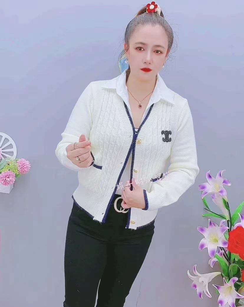 长袖学院风针织开衫衬衫拼接毛衣春季时尚小香风潮流真口袋宽松版