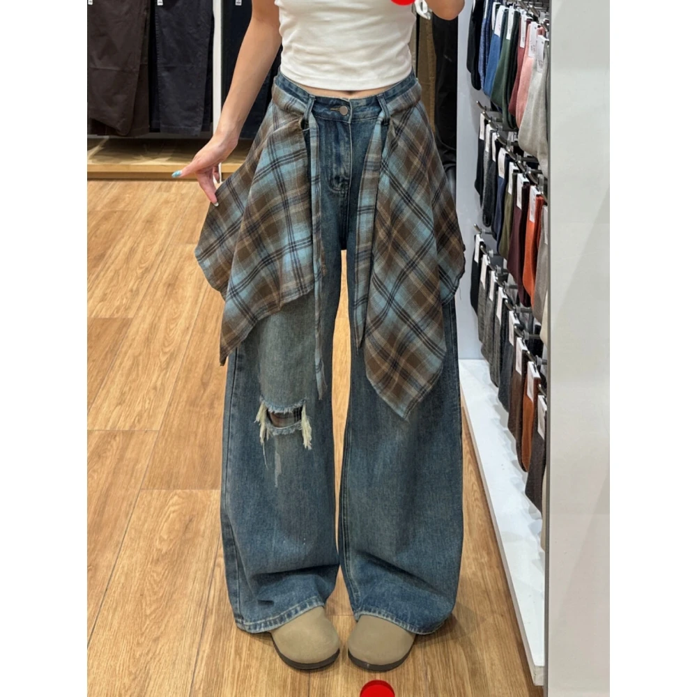 【带屁帘】假破洞阔腿牛仔裤女秋季仓库高街设计感高腰宽松直筒裤子