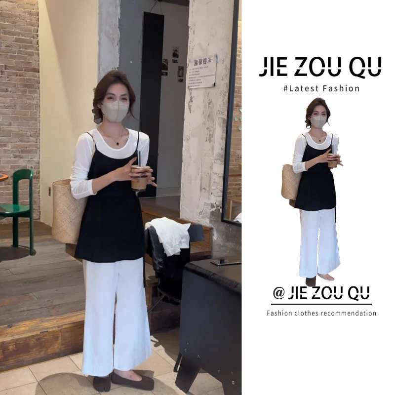 MARIE.COCO吊带背心打底t恤两件套女时尚洋气高级感上衣长裤套装