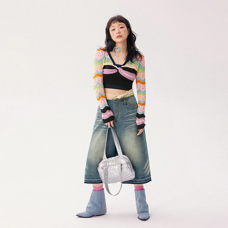 【8】CHUU条纹撞色复古民族风穿搭纽花多巴胺辣妹针织衫FHNC013W