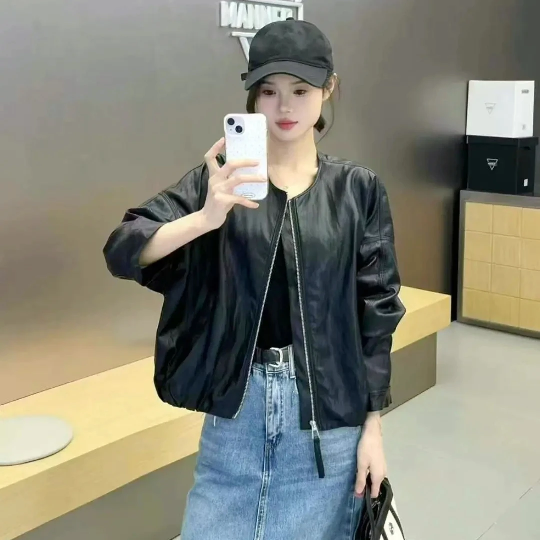 女士圆领软PU小皮衣外套秋季新款上衣休闲减龄百搭25-01