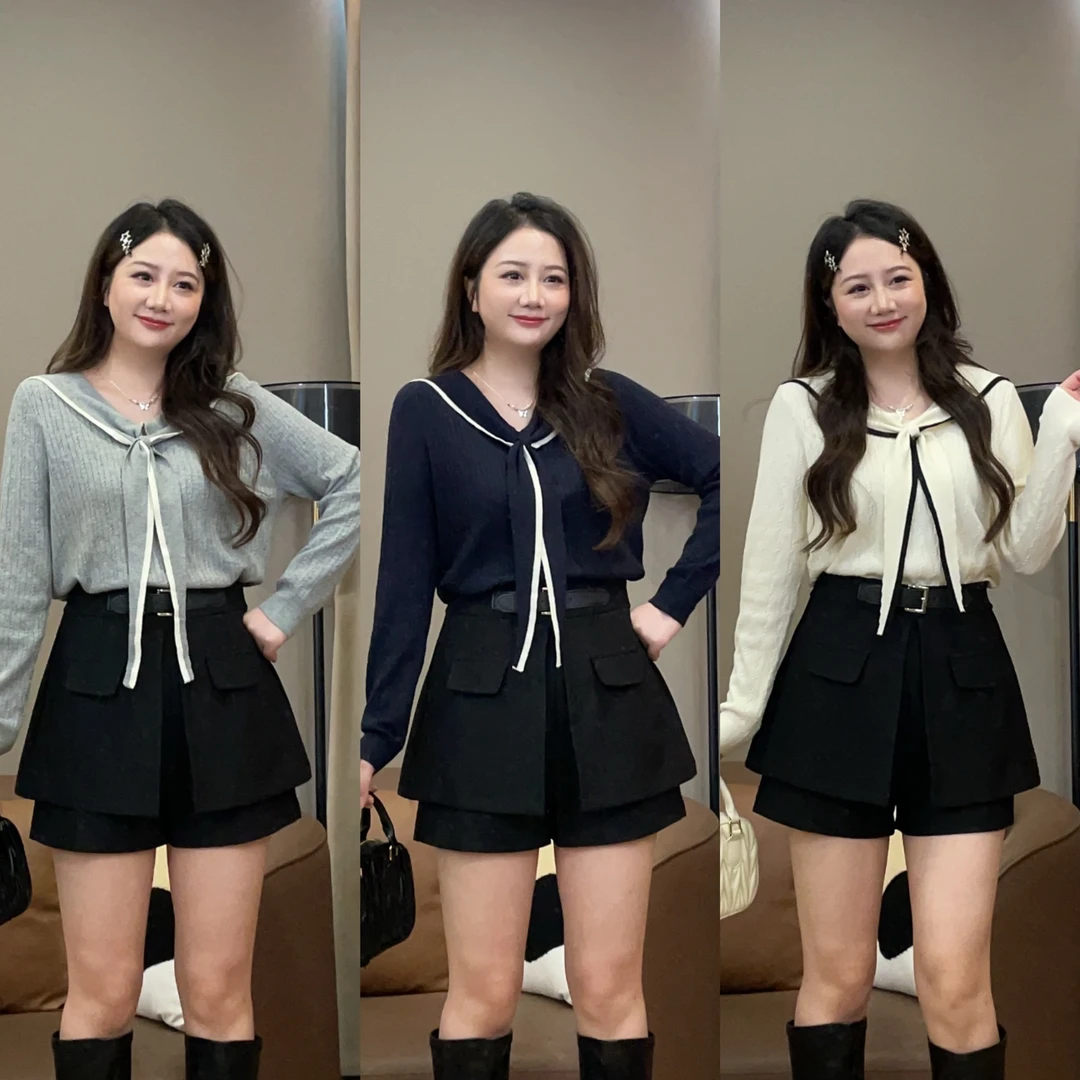 大萌萌 时尚秋季海军领长袖针织衫微胖显瘦百搭通勤女P225X15459