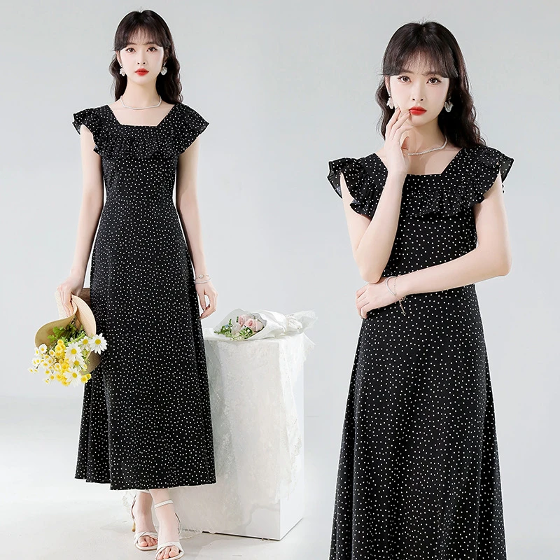 裙子小飞袖波点连衣裙黑色女2025夏季新款法式高级感洋气气质长裙