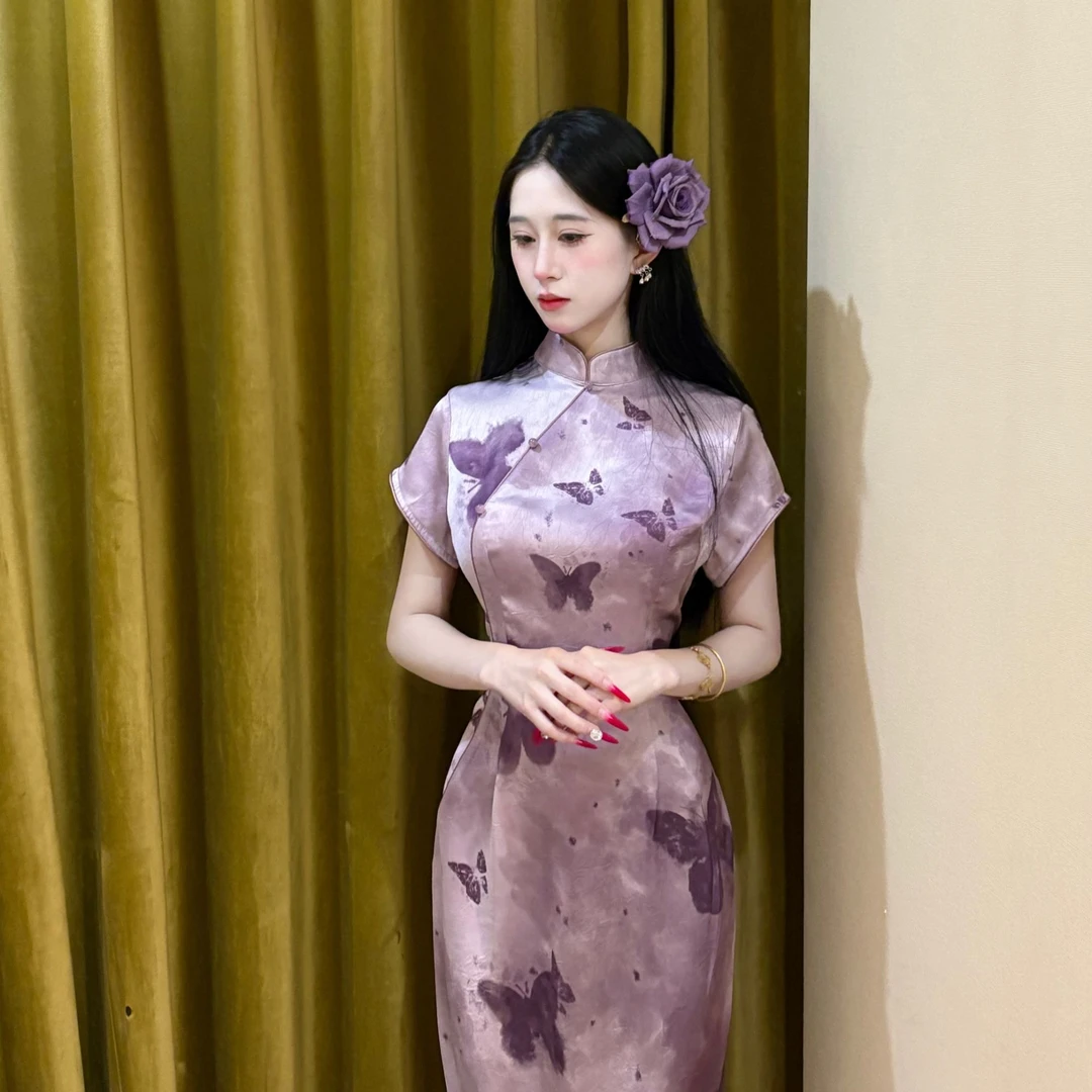 LHMknk1画报夫人原创自制国风甜美紫色国风旗袍 短袖月赋清愁紫