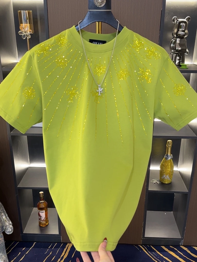 2025轻奢重工潮牌男士圆领情侣潮流百搭时尚黑色满钻半袖时尚圆领