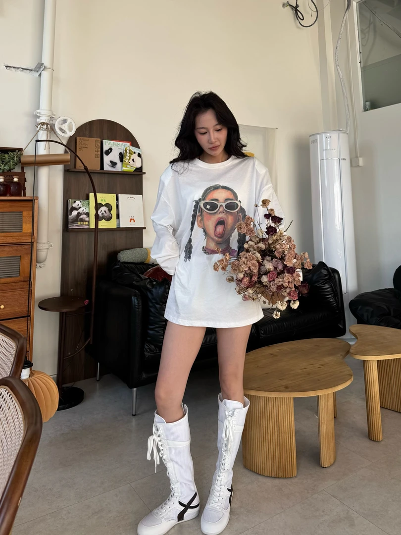 6030韩国东大门夏季新款韩版宽松卡通印花垫肩长袖t恤上衣防晒衣