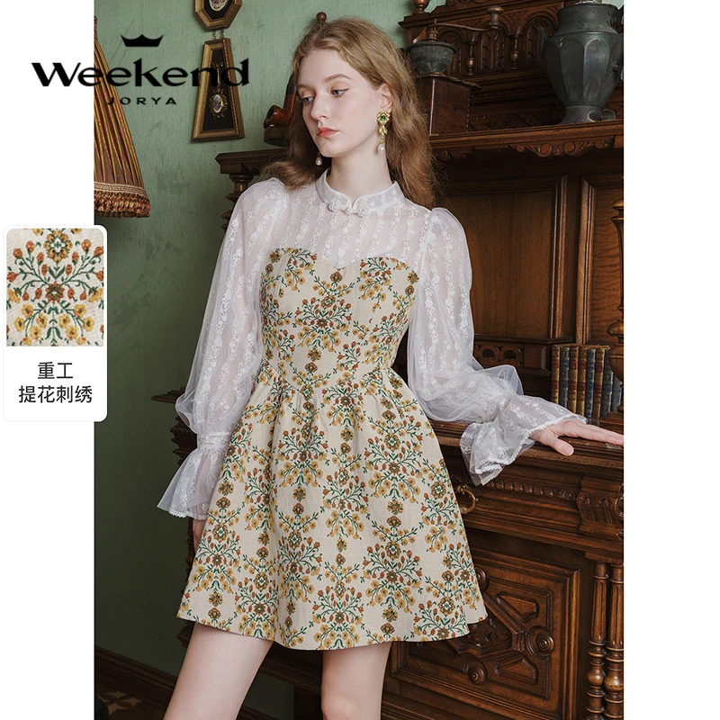 卓雅周末新款新中式盘扣提花蕾丝连衣裙EJWDCU01
