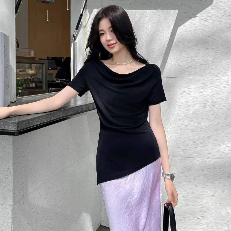 【栖谷】醋酸针织荡领收腰斜摆设计短袖T恤 夏季新款高弹百搭上衣女