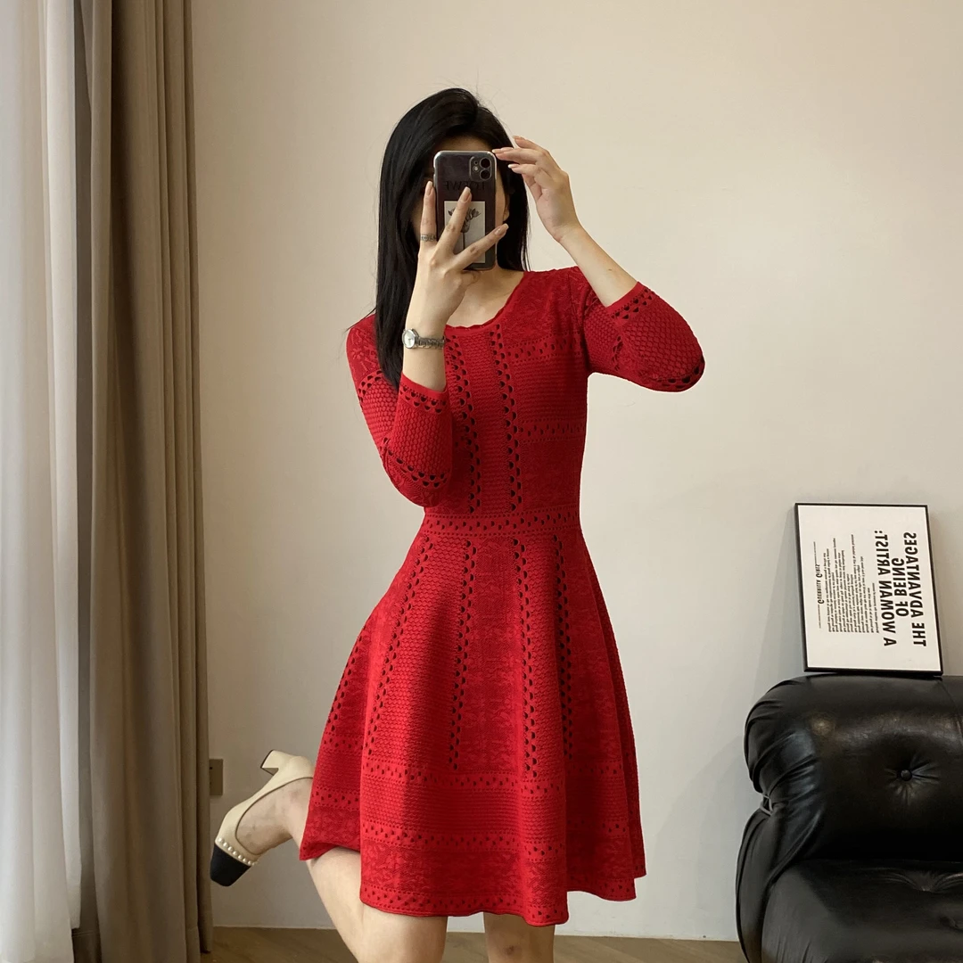 优雅气质修身时尚收腰针织连衣裙高级复古小红裙