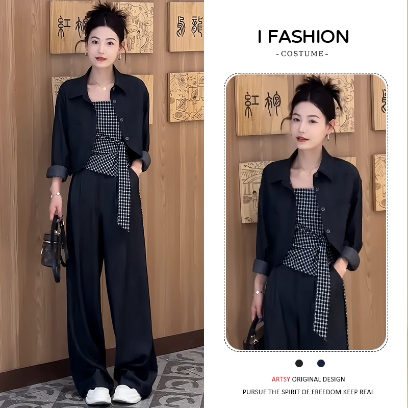 慵懒风宽松休闲套装女2025春秋新款减龄开衫外套吊带阔腿裤三件套