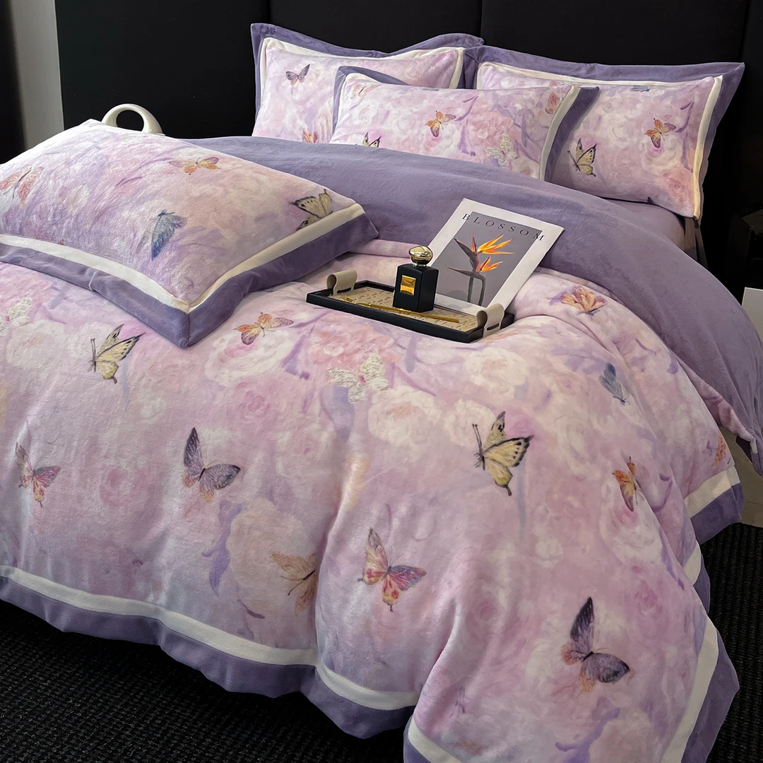 博洋家纺轻奢套件牛奶绒拼角数码印花四件套2026新款秋冬加厚珊瑚