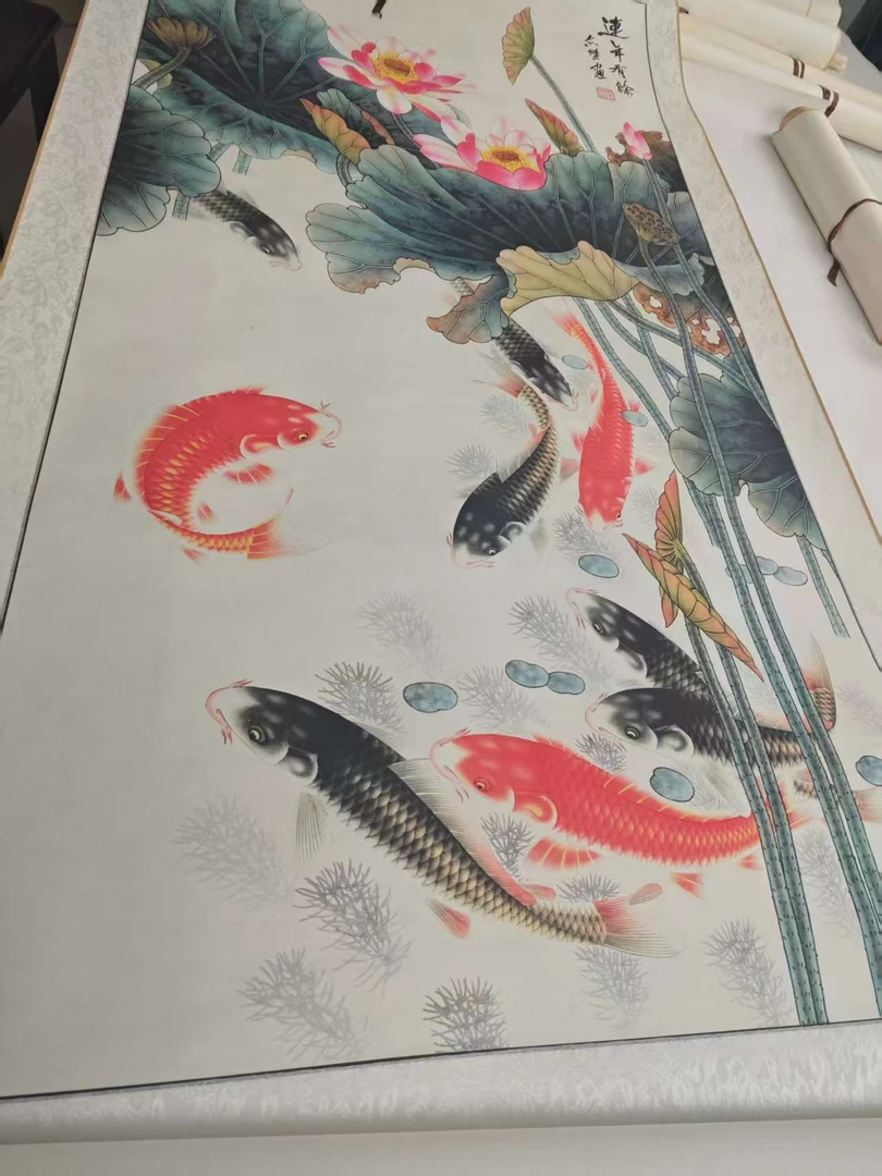 新中式竖幅实木卷轴画荷花鱼莲年有余客厅书房茶室挂画