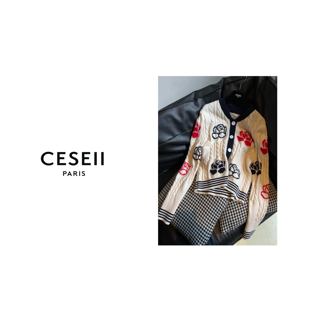 【XJ1217】CESEII秋冬季新款时尚提花工艺百搭减龄重工针织外套