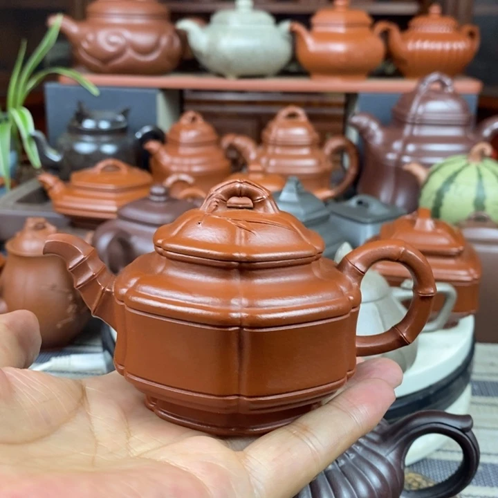 茶壶紫砂六方竹鼓150Cc原矿赵庄朱泥特价