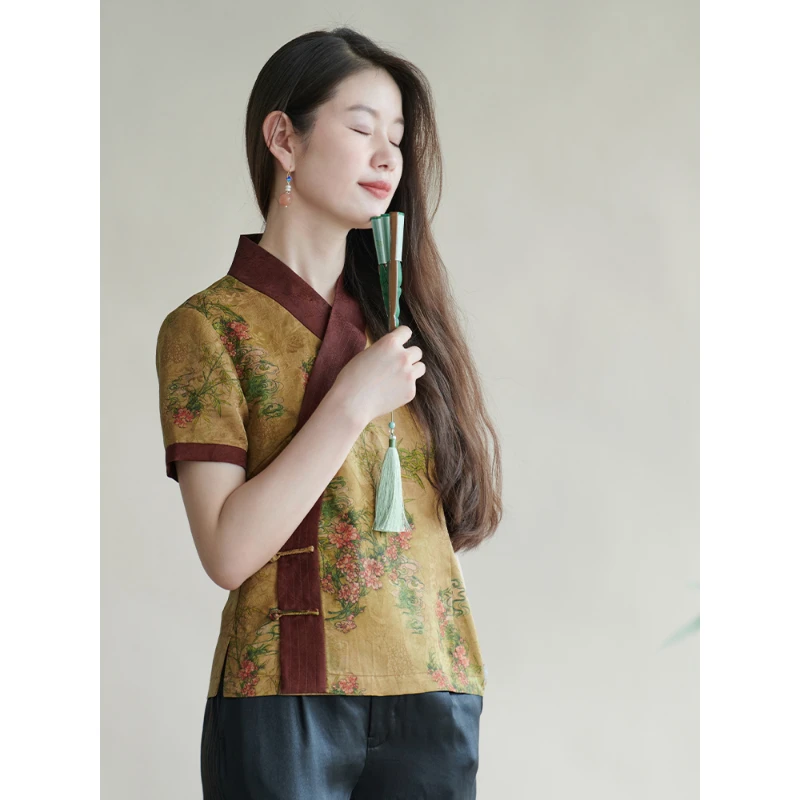 蘭襟【且歌且行】精致透孔罗缎面香云纱两色汉服交领小上衣