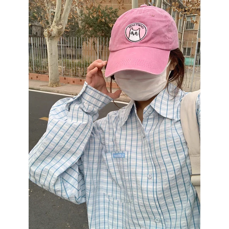 韩系小清新蓝色格子衬衫外套女春秋季小个子慵懒感宽松开衫衬衣潮