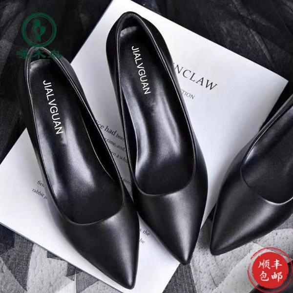 啄木鸟绒面爆款黑色女细跟职业面试尖头久站不累脚正装工作鞋软皮